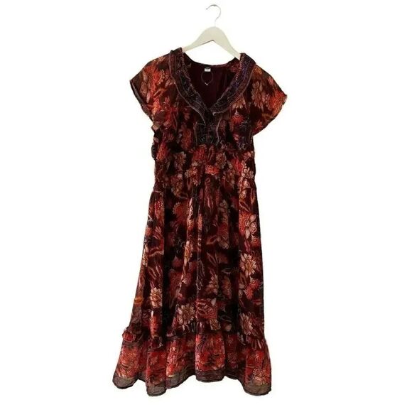 Old Navy Dress  Defined  Waist Chiffon Ruffle Midi Red Orange Floral LP #2208 - Picture 2 of 16